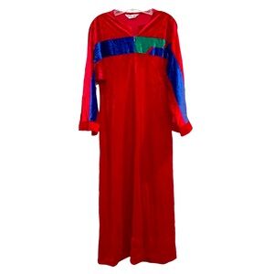 Vintage Vanity Fair Red Velvet Housecoat with Blue and Green Accents Size Medium